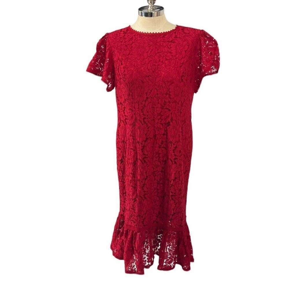 Red Lace Midi Dress with Ruffle Hem